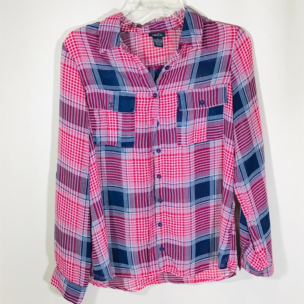 Rue21 Button Down Plaid Sheer Collared Blouse Med
